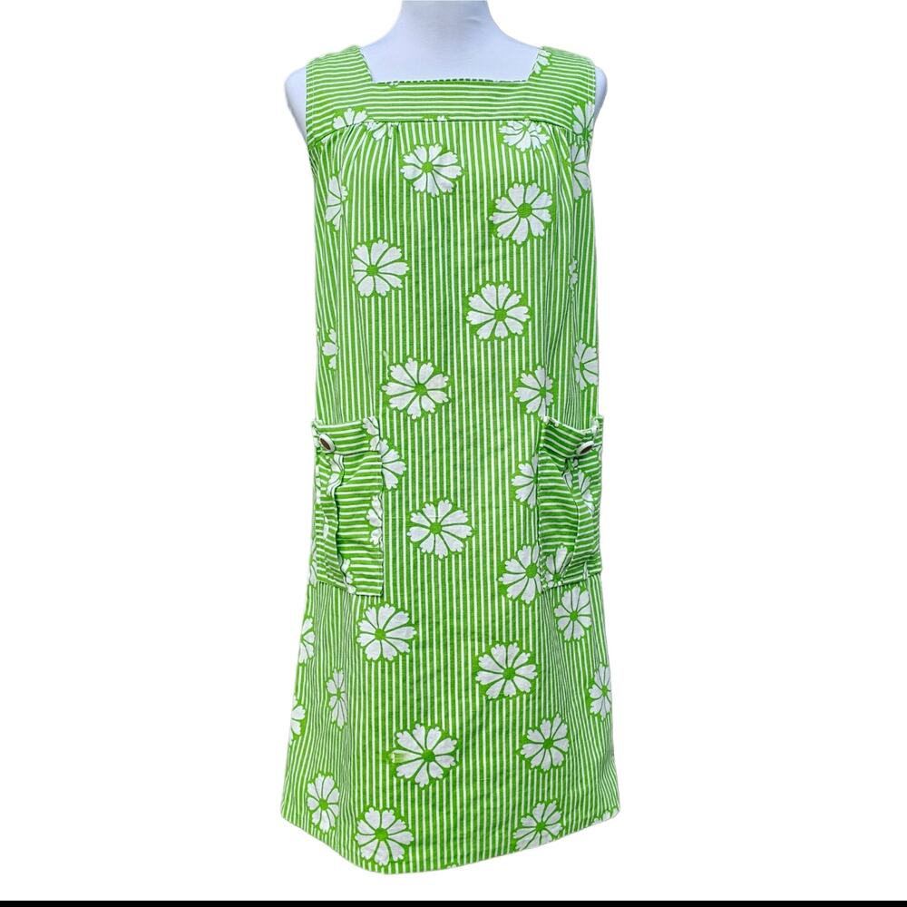 Lime Green Floral Stripe Dress VTG 60s70s Reigning Beauty Sleeveless Square Neck